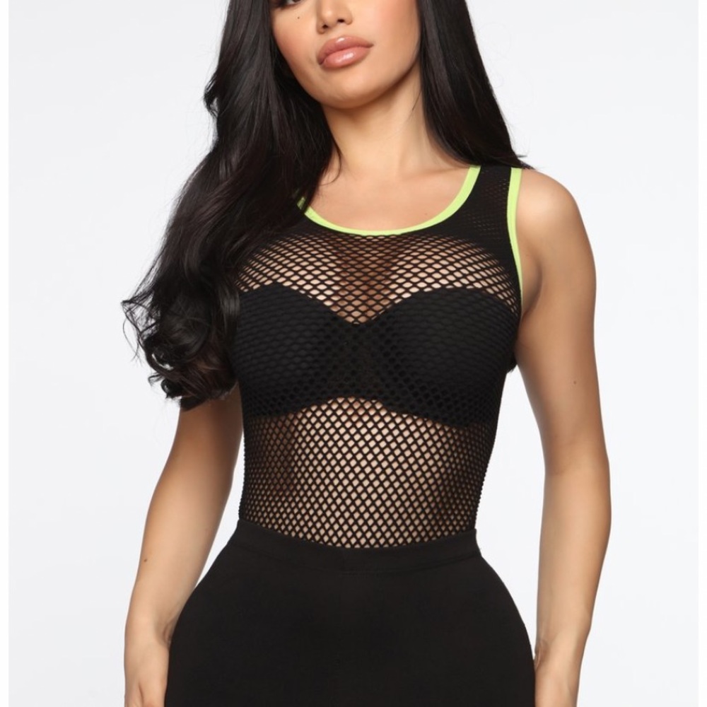 black and neon green net body suit